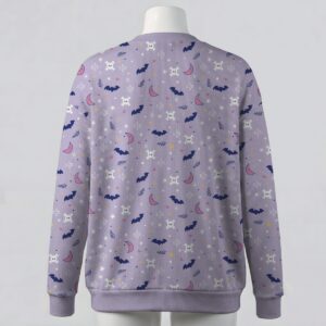 Cute pastel goth lavender cardigan with bats skulls moons and stars pattern unisex sizes S to 7XL