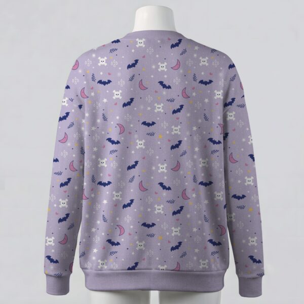 Cute pastel goth lavender cardigan with bats skulls moons and stars pattern unisex sizes S to 7XL