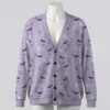 Cute pastel goth lavender cardigan with bats skulls moons and stars pattern unisex sizes S to 7XL