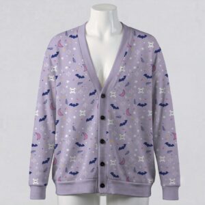 Cute pastel goth lavender cardigan with bats skulls moons and stars pattern unisex sizes S to 7XL