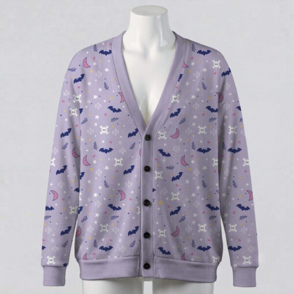 Cute pastel goth lavender cardigan with bats skulls moons and stars pattern unisex sizes S to 7XL