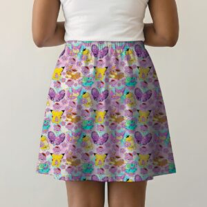 Lavender skater skirt printed with Pikachu, Eevee, Bulbasaur, flowers, and side pockets