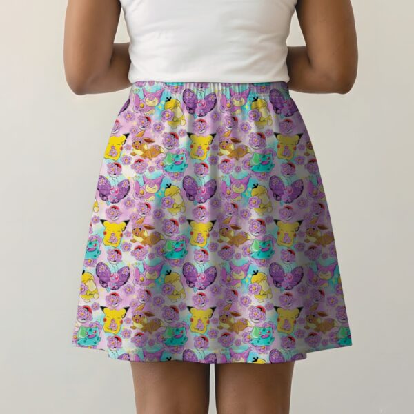 Lavender skater skirt printed with Pikachu, Eevee, Bulbasaur, flowers, and side pockets