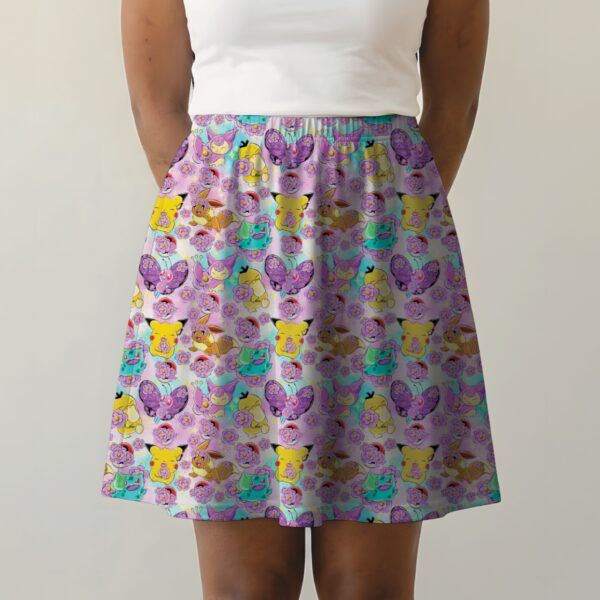 Lavender skater skirt printed with Pikachu, Eevee, Bulbasaur, flowers, and side pockets