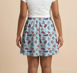 Frieren anime skater skirt with all-over print with side pockets worn by model