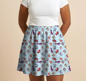 frieren-skirt-fr Frieren anime skater skirt with all-over print with side pockets worn by model