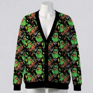 gbslime-cardigan-fr Ghostbusters Slimer skateboarding print black unisex V-neck button cardigan sweater sizes S to 7XL