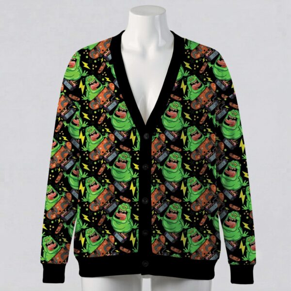 Ghostbusters Slimer skateboarding print black unisex V-neck button cardigan sweater sizes S to 7XL