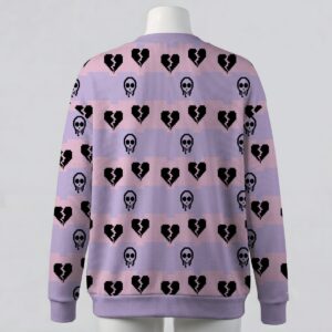 Pixel art skull and broken heart striped lavender unisex V-neck cardigan sweater sizes S to 7XL