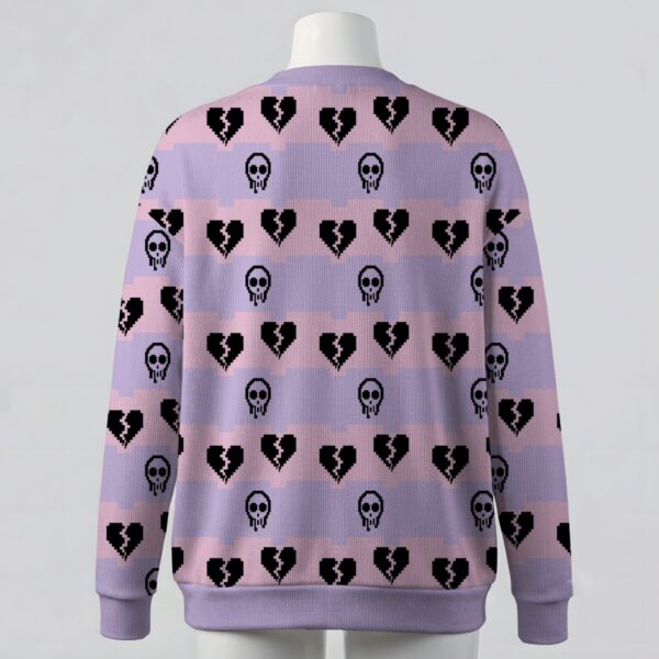 gothcutepastel-cardigan-bk Pixel art skull and broken heart striped lavender unisex V-neck cardigan sweater sizes S to 7XL