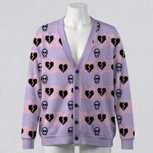 gothcutepastel-cardigan-fr Pixel art skull and broken heart striped lavender unisex V-neck cardigan sweater sizes S to 7XL
