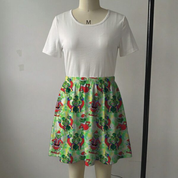 grinch-skirt1 Vibrant green skater skirt printed with Santa Grinch and featuring side pockets