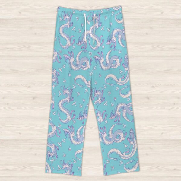 hakubblue-loungepants-flatlay-fr haku dragon blue lounge pants drawstring waist 100% polyester jersey no pockets relaxed fit sizes s-5xl