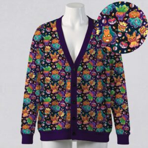 halloweenpoke-cardigan-fr Pokemon Halloween pumpkin costume print purple unisex V-neck button cardigan sweater sizes S to 7XL