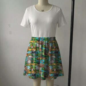 Vibrant green and blue tropical skater skirt featuring Jungle Book characters with side pockets