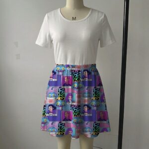 Pink and purple photocard grid skater skirt featuring K-Pop huntress characters and side pockets