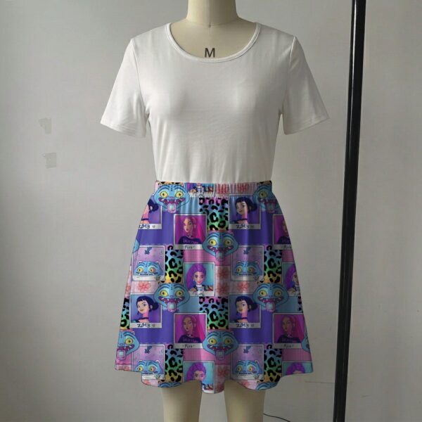 Pink and purple photocard grid skater skirt featuring K-Pop huntress characters and side pockets