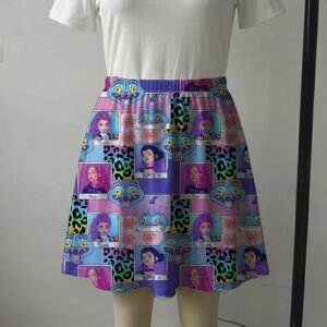 Pink and purple photocard grid skater skirt featuring K-Pop huntress characters and side pockets