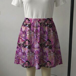 Bright pink skater skirt printed with full-body K-Pop anime huntress characters and side pockets