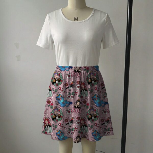 Pink holiday skater skirt with K-Pop demon hunter portraits, candy canes, and side pockets