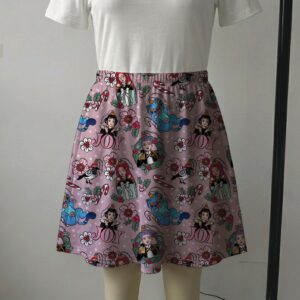 Pink holiday skater skirt with K-Pop demon hunter portraits, candy canes, and side pockets