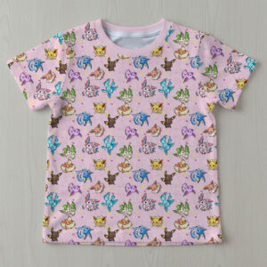 kids-eevees-tshirt-fr Kids Pokemon Eevee evolutions pastel pink all over print crewneck t-shirt sizes 2T to 15 years