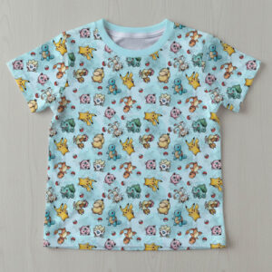 kids-mixpokemon-tshirt-fr Kids Pokemon Pikachu Bulbasaur Charmander Squirtle light blue all over print t-shirt sizes 2T to 15 years