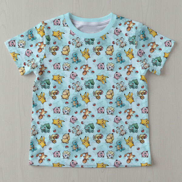 kids-mixpokemon-tshirt-fr Kids Pokemon Pikachu Bulbasaur Charmander Squirtle light blue all over print t-shirt sizes 2T to 15 years