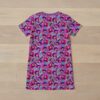 kpophuntrix-girls-tee-dress-bk Kpop Demon Hunters girls' t-shirt dress with all-over print featuring chibi-style Rumi, Zoey, and Mira characters with rainbows, microphones, and colorful accents on a purple-pink background