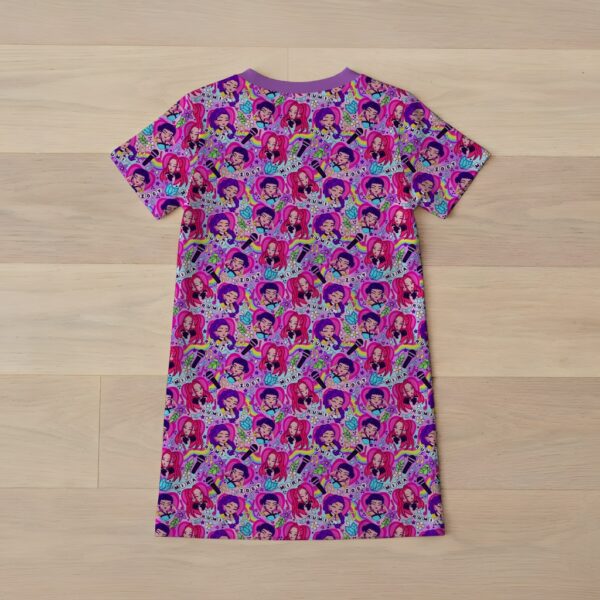 kpophuntrix-girls-tee-dress-bk Kpop Demon Hunters girls' t-shirt dress with all-over print featuring chibi-style Rumi, Zoey, and Mira characters with rainbows, microphones, and colorful accents on a purple-pink background