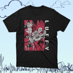 Monkey D Luffy One Piece graphic design printed on black cotton unisex short sleeve t-shirt sizes S to 5XL