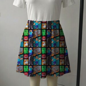 minecraft-skirt Minecraft comic strip print skater skirt with pockets featuring Steve and Creepers