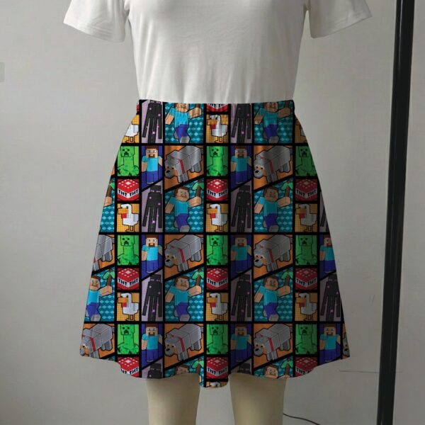 Minecraft comic strip print skater skirt with pockets featuring Steve and Creepers