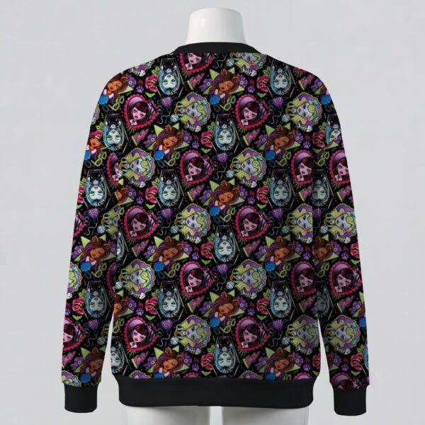 monsterhigh-cardigan-bk Monster High cardigan black gothic cameo print Draculaura Clawdeen Frankie Lagoona knitted button up