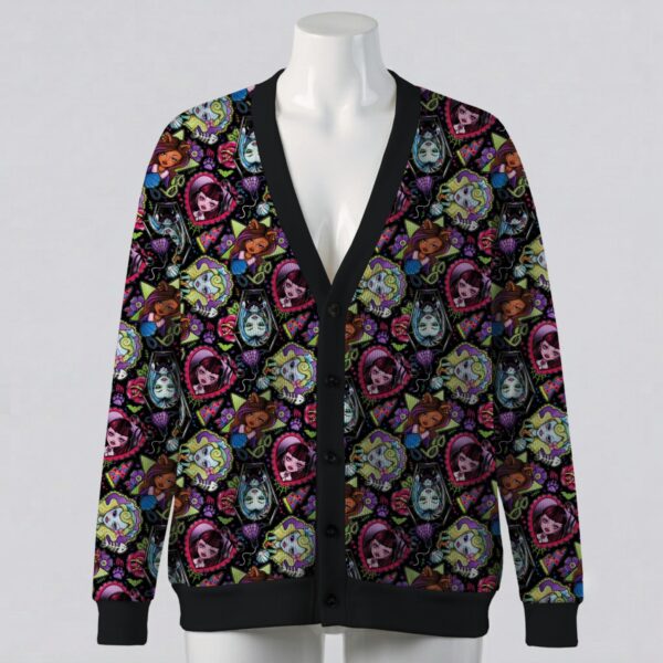 monsterhigh-cardigan-fr Monster High cardigan black gothic cameo print Draculaura Clawdeen Frankie Lagoona knitted button up