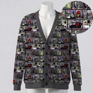 nbxmas-cardigan-fr Nightmare Before Christmas comic panel print grey unisex V-neck button cardigan sweater sizes S to 7XL
