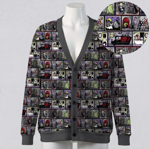 Nightmare Before Christmas comic panel print grey unisex V-neck button cardigan sweater sizes S to 7XL