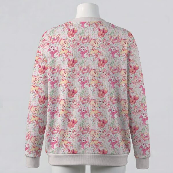 pinkpokefloral-cardigan-bk Kawaii Pokemon cardigan pastel pink floral print Eevee Pikachu Rowlet Pachirisu knitted button up