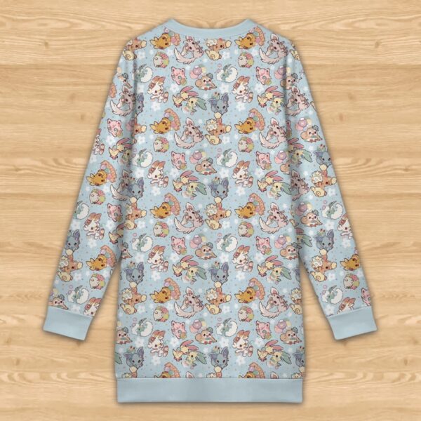 Pastel blue kawaii Pokemon print long sleeve sweatshirt dress featuring Jigglypuff and Eevee womens sizes XS to 5XL