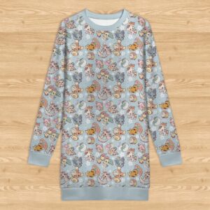 Pastel blue kawaii Pokemon print long sleeve sweatshirt dress featuring Jigglypuff and Eevee womens sizes XS to 5XL