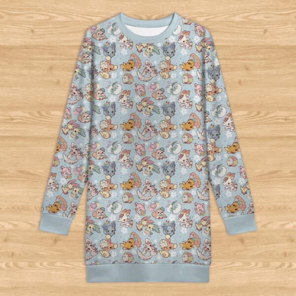 Pastel blue kawaii Pokemon print long sleeve sweatshirt dress featuring Jigglypuff and Eevee womens sizes XS to 5XL