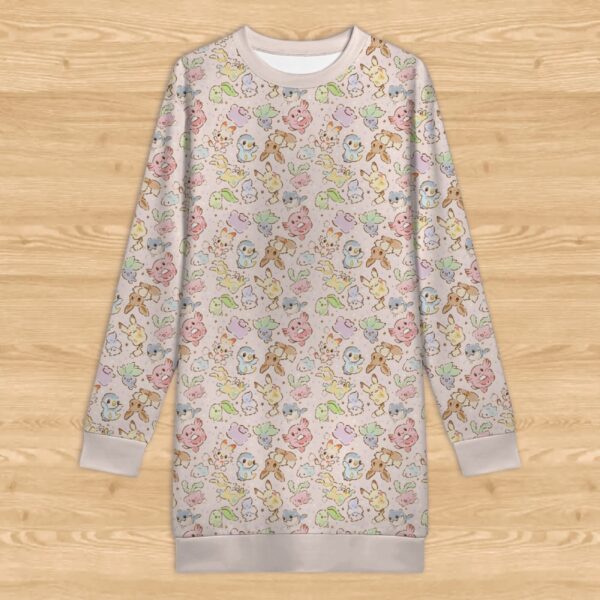pokecute-pink-sweatshirt-dress-fr Kawaii Pokemon print long sleeve sweatshirt dress with soft fleece lining womens sizes XS to 5XL
