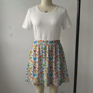 White skater skirt printed with colorful classic Pokémon characters and side pockets
