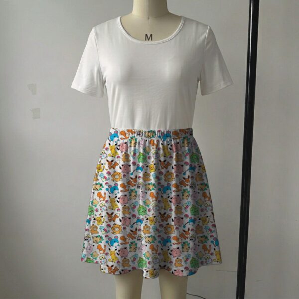 pokecute-skirt1 White skater skirt printed with colorful classic Pokémon characters and side pockets