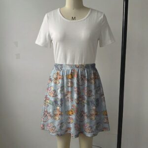 Light blue pastel skater skirt with cute Pokémon characters, clouds, stars, and side pockets