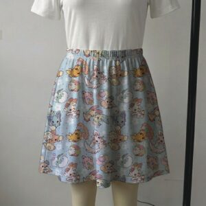 pokecuteblue-skirt2 Light blue pastel skater skirt with cute Pokémon characters, clouds, stars, and side pockets