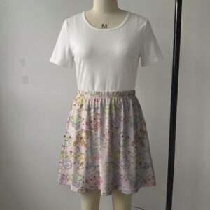 Soft pink pastel skater skirt printed with cute Pokรฉmon doodles and side pockets