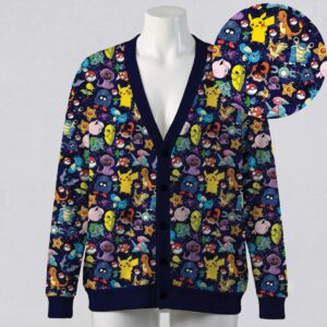 Pokemon all over print navy galaxy unisex V-neck button cardigan sweater sizes S to 7XL