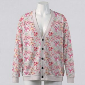 Kawaii Pokemon cardigan pastel pink floral print Eevee Pikachu Rowlet Pachirisu knitted button up