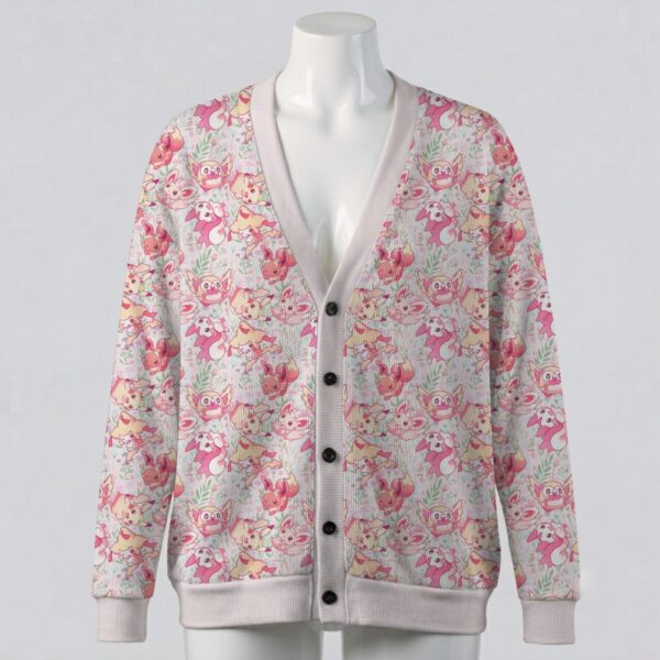 pokepinkfloral-cardigan-fr Kawaii Pokemon cardigan pastel pink floral print Eevee Pikachu Rowlet Pachirisu knitted button up